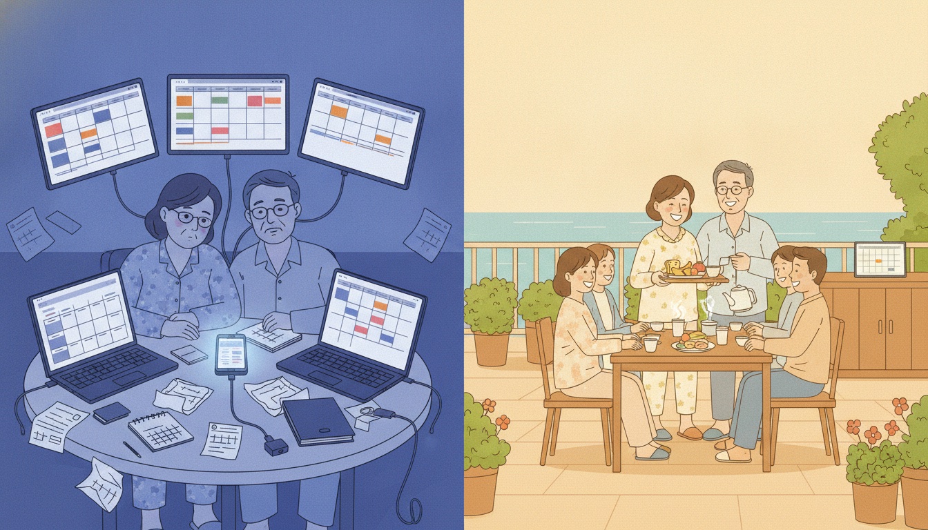 여러 채널의 예약 달력에 둘러싸여 지친 펜션 부부(왼쪽)와, 그 일을 시스템에 맡기고 손님에게 아침을 대접하는 같은 부부(오른쪽)